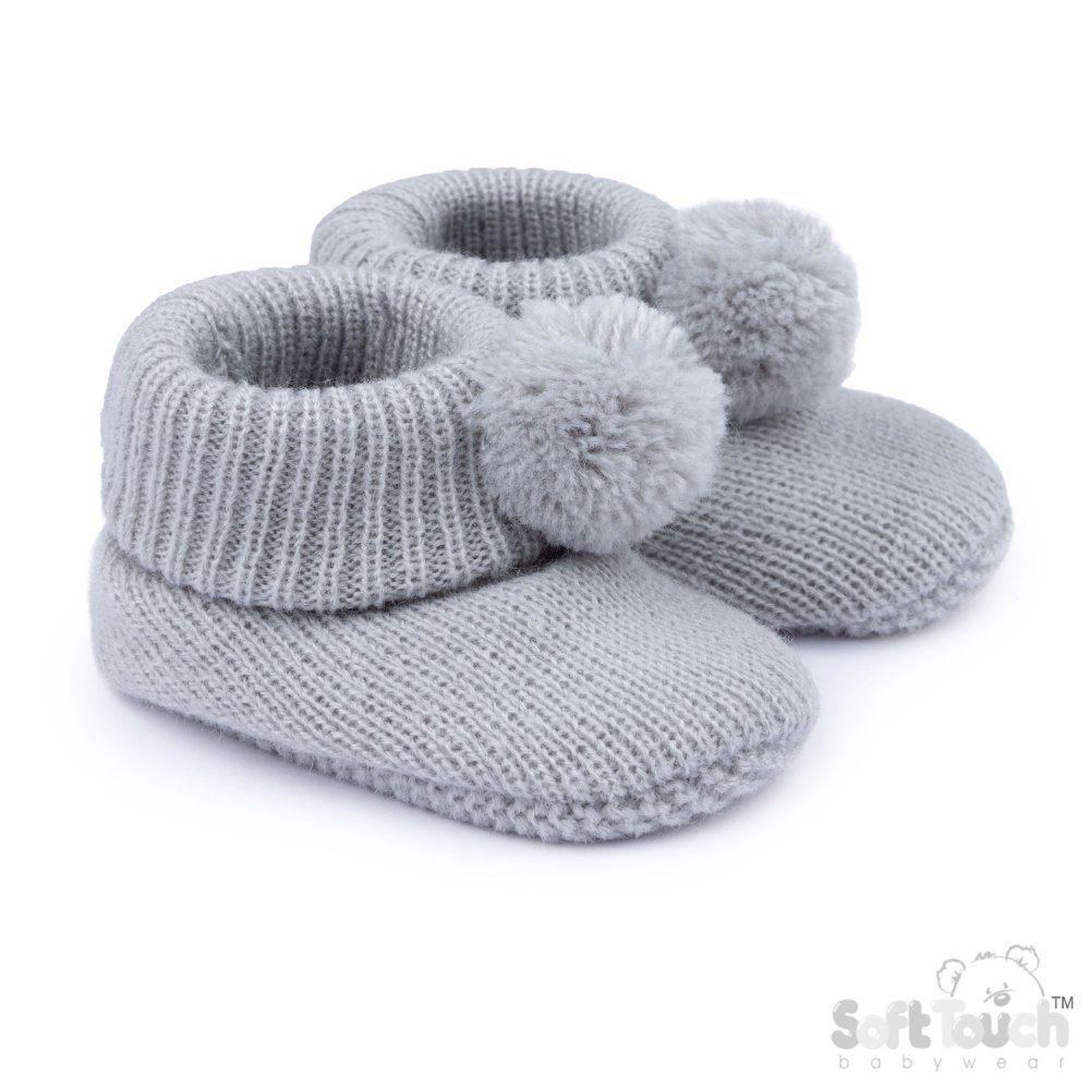 B455-G: Grey Acrylic Bootees with Pom Pom B455-G: Grey Acrylic Bootees with Pom Pom